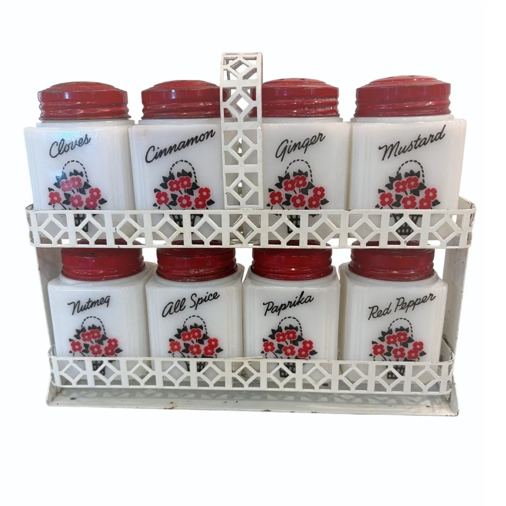 Vintage TIPP USA Milk Glass Spice Jar Set 8pc Red Lids Floral Basket Rack